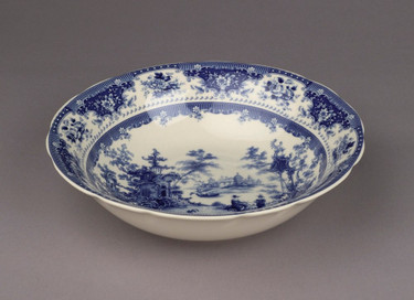 Blue and White Decorative Transferware Porcelain Bowl, 12 Inch Diameter