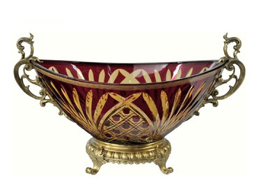 Luxe Life Finely Finished Cut Ruby Red Glass and Gilt Bronze Ormolu - 13 Inch Centerpiece Bowl