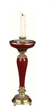Luxe Life Glossy Red Finely Finished Porcelain and Gilt Bronze Ormolu, 14 Inch Candle Holder