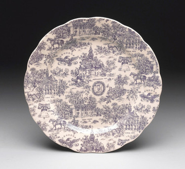 Blue and White Decorative Transferware Porcelain Plate, 14 Inch Diameter