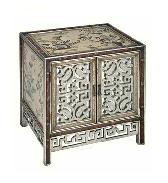 Luxe Life Chinoiserie Hand Painted and Mirror - 25 Inch Accent or Bedside Chest - Metallic Silver Nature Design