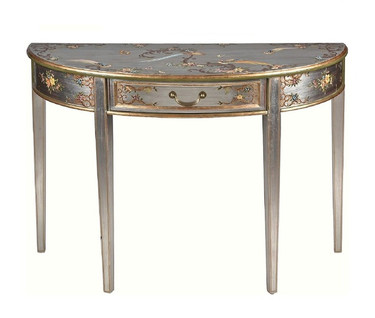 Luxe Life Chinoiserie Hand Painted Demilune Console - 44 Inch Entry or Sofa Table - Metallic Silver Nature Design