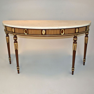 French Neo Classical Louis XVI Style - 60 Inch Entry Console Reproduction Carved Hardwood and Marble Table - Rich Wood Luxurie Furniture Finish with Gold Accents