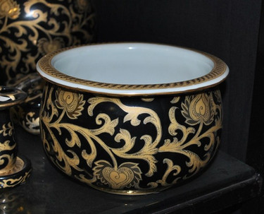 Ebony Black and Gold Lotus Scroll - Luxury Handmade Reproduction Chinese Porcelain - 8 Inch Orchid Pot, Planter - Style B621
