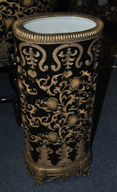 Ebony Black and Gold Lotus Scroll, Luxury Handmade Reproduction Chinese Porcelain and Gilt Brass Ormolu, 21 Inch Umbrella Storage Vase, Stand Style D378