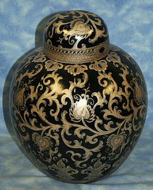 Ebony Black and Gold Lotus Scroll - Luxury Handmade Reproduction Chinese Porcelain - 10 Inch Covered Round Jar - Style B21