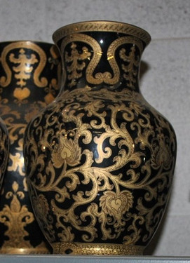 Ebony Black and Gold Lotus Scroll - Luxury Handmade Reproduction Chinese Porcelain - 12 Inch Wide Mouth Mantel Vase - Style 641