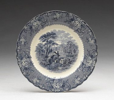 Blue and White Decorative Transferware Porcelain Plate, 10 Inch Diameter