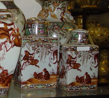 Merry Monkeys - Luxury Handmade Reproduction Chinese Porcelain - 08 Inch Square Container or Covered Jar - Style E94