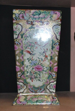 Nature Scene Gold Rose Medallion , Luxury Handmade Reproduction Chinese Porcelain, 18 Inch Square Umbrella Vase | Stand, Style 613