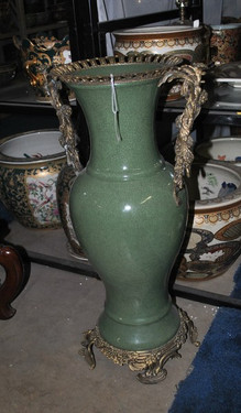 Celadon Decorator Crackle - Luxury Handmade Chinese Porcelain and Gilt Brass Ormolu - 29 Inch Palace Vase | Statement Jardiniere - Style B458