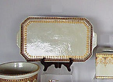 Neo Classical Ivory and Gold, Luxury Handmade Reproduction Chinese Porcelain, 18L x 10w x 1t Display or Vanity Tray, Style 194