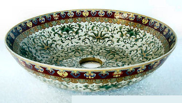 Chinese Red and Fern Green, Luxury Handmade Reproduction Chinese Porcelain, 18 Inch Vessel Lavatory Sink, Style C41