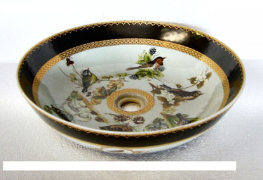 Bluebird Nature Scene, Luxury Handmade Reproduction Chinese Porcelain, 18dia x 5.25t Vessel Lavatory Sink, Style C41 Black Rim