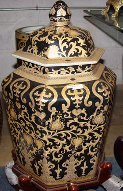 Ebony Black and Gold Lotus Scroll - Luxury Handmade Reproduction Chinese Porcelain - 21 Inch Covered Hexagon Temple Jar Style A11