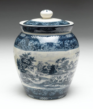 Blue and White Transferware Porcelain Jar, 9 Inches Tall