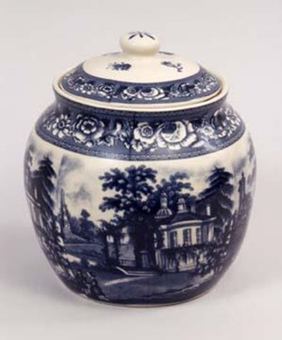 Blue and White Transferware Porcelain Tea Jar, 7.5 Inches Tall 7013 AAA