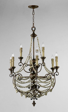 Francais Provencale Nine Light Wrought Iron - 45 Inch Chandelier - Brun Dore Finish - Draped with Wood Beads