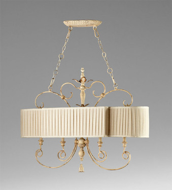 French Country Pattern - Wrought Iron and Wood Four Light Island Fixture with Pleated Shade - Distressed White Finish