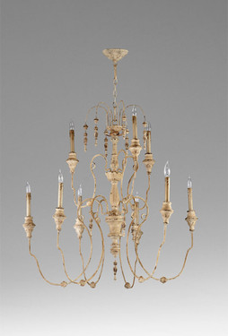 French Country Pattern - Wrought Iron and Wood Nine Light Chandelier - Distressed White Finish