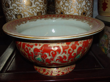 French Red and Gold Lotus Scroll - Luxury Handmade Reproduction Chinese Porcelain - 15 Inch Centerpiece | Fruit Bowl - Style 398