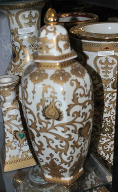 Ivory and Gold Lotus Scroll Arabesque - Luxury Handmade Reproduction Chinese Porcelain - Customizable 13 Inch Covered Hexagon Temple Jar - Style 11