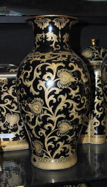 Ebony Black and Gold Lotus Scroll - Luxury Handmade Reproduction Chinese Porcelain - 14 Inch Mantel Vase | Jardiniere - Style 3