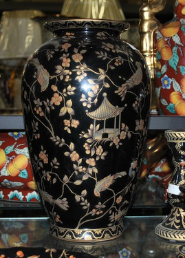 Ebony Black and Gold Pagoda - Luxury Handmade Reproduction Chinese Porcelain - 14 Inch Tabletop Vase | Jardiniere - Style 807