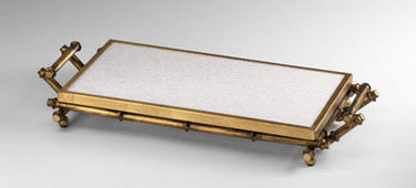 Iron Bamboo and Marble Serving Tray, 26 Inch Rectangular Shape, Antiqued Gold Finish