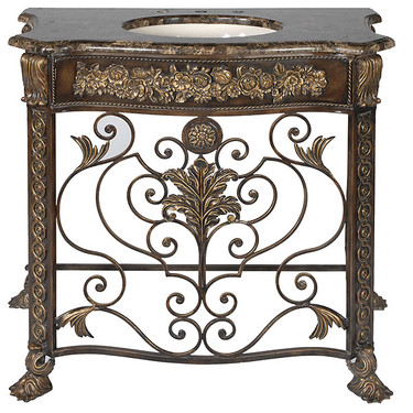 Marble Top - Hand Carved Wood and Scrolled Iron - Single Bowl - 41 inch Lavatory Console Vanity