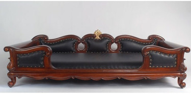 Hardwood Hand Carved and Black Leather - 48 Inch Pet Sofa - Rich Wood Finish