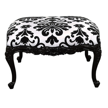 Black & White Damask Print Hardwood Hand Carved - 29 Inch Ottoman | Footstool - Ebony Finish