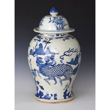 Blue and White Porcelain Temple Jar - 21 Inches Tall 6979 AOL