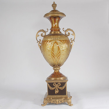 Hand Cut Amber Bohemian Czech Crystal, 45 Inch Palace Size Covered Urn, Guilded Bronze Mounts