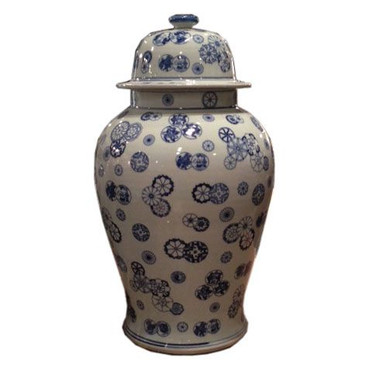 Blue and White Porcelain Temple Jar - 21 Inches Tall