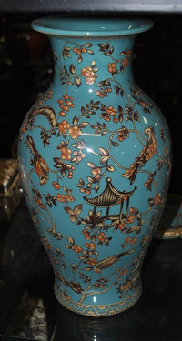 Teal Blue and Gold Pagoda - Luxury Handmade Reproduction Chinese Porcelain - 12 Inch Mantel Vase | Jardiniere - Style 3
