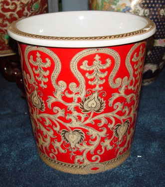 French Red and Gold Lotus Scroll, Luxury Handmade Reproduction Chinese Porcelain, 10 Inch Wastebasket, Style 922