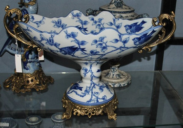 Blue and White Nature Scene - Luxury Handmade Reproduction Chinese Porcelain and Gilt Brass Ormolu - 19 Inch Footed Flower Bowl | Centerpiece - Style B358
