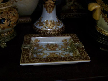 Ebony Black and Gold Acanthus - Luxury Handmade Reproduction Chinese Porcelain and Gilt Brass Ormolu - 5.5 Inch Small Decorative Rectangular Dish Style E209