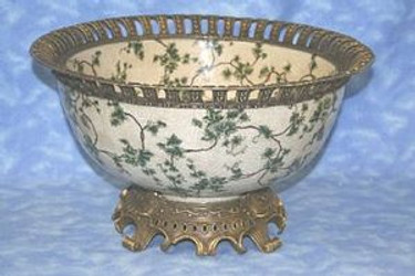 Off White and Green Ivy Vine with Dorado de Oro Brass Ormolu - Luxury Handcrafted Chinese Porcelain - Statement 16 Inch Decorative Display Bowl | Centerpiece - Style F78