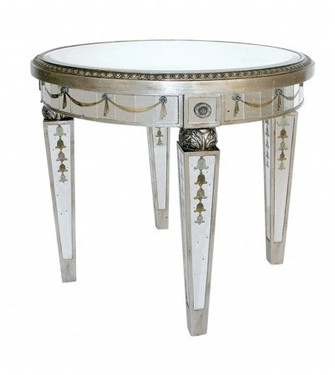 Reverse Hand Painted Silver Mirror - 26 Inch Round Side, End, Lamp Table - Louis XVI Neo Classical Style