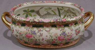 Style 591 - Nature Scene Gold Rose Medallion - Luxury Handmade Reproduction Chinese Porcelain - 18 Inch Foot Bath | Centerpiece | Planter Style 591