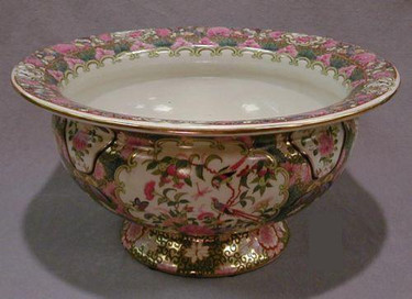 Nature Scene Gold Rose Medallion - Luxury Handmade Reproduction Chinese Porcelain - 15 Inch Centerpiece Bowl Style 398