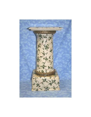 Off White and Green Ivy Vine with Dorado de Oro Brass Ormolu, Luxury Handcrafted Chinese Porcelain, Statement 22 Inch Pedestal | Plant Stand, Style A388