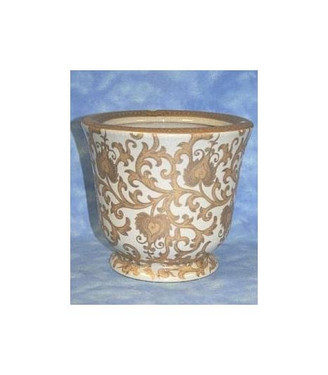 Ivory and Gold Lotus Scroll Arabesque - Luxury Handmade Reproduction Chinese Porcelain - Customizable 12 Inch Bell Shape Planter | Flower Pot Style A679