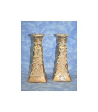 Ivory and Gold Lotus Scroll Arabesque - Luxury Handmade Reproduction Chinese Porcelain - Customizable 10 Inch Taper Candle Holder Pair Candlestick Style 091