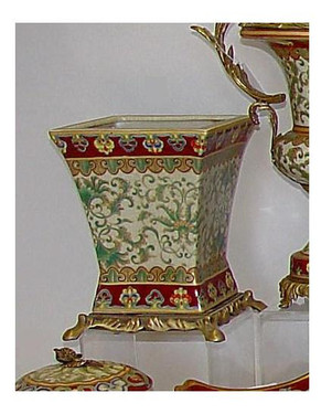 Style A975 - Vase | Jardiniere | Centerpiece Planter | Chinese Red and Fern Green - Luxury Handmade Reproduction Chinese Porcelain and Gilt Brass Ormolu - 10 Inch