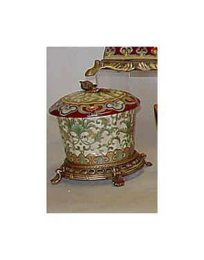 Chinese Red and Fern Green, Luxury Handmade Reproduction Chinese Porcelain and Gilt Brass Ormolu, 7 Inch Tabletop Pet Treat or Covered Dish Style B236