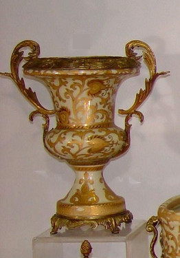 Ivory and Gold Lotus Scroll Arabesque with Gilded Brass Ormolu - Luxury Handmade Reproduction Chinese Porcelain - Statement 14 Inch Trophy Cup Mantel Vase - Style A857