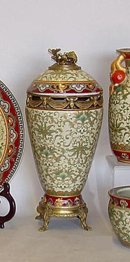 Chinese Red and Fern Green - Luxury Handmade Reproduction Chinese Porcelain and Gilt Brass Ormolu - 20 Inch Statement Cassolette Urn - Style A188